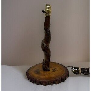 Vintage Rustic Log Table Lamp Wood Slice Base Cabin Lodge Folk Art Decor Unique